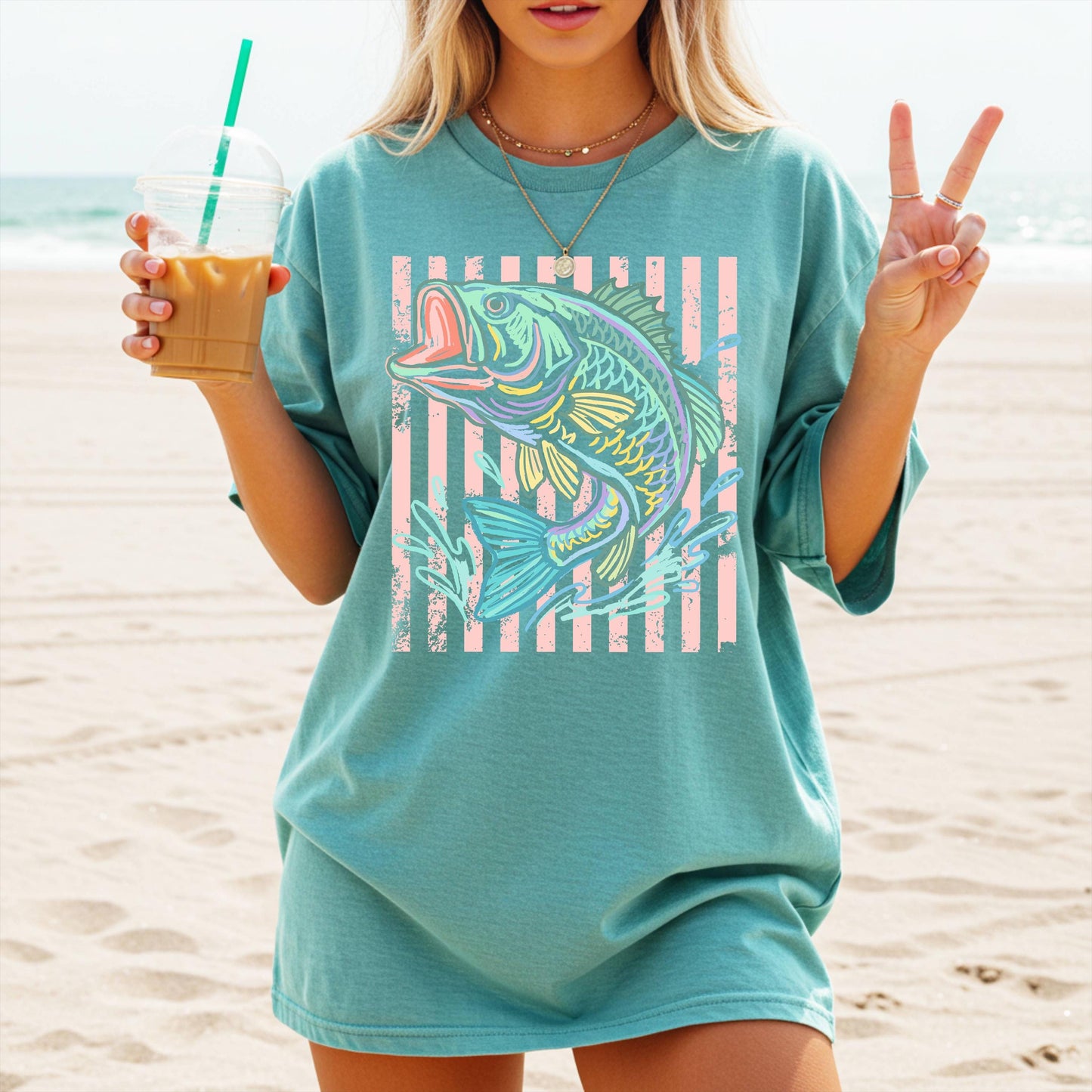 Retro Bass Fish Comfort Colors T-Shirt, Pastel Fishing Tee, Preppy Coastal Lake Shirt