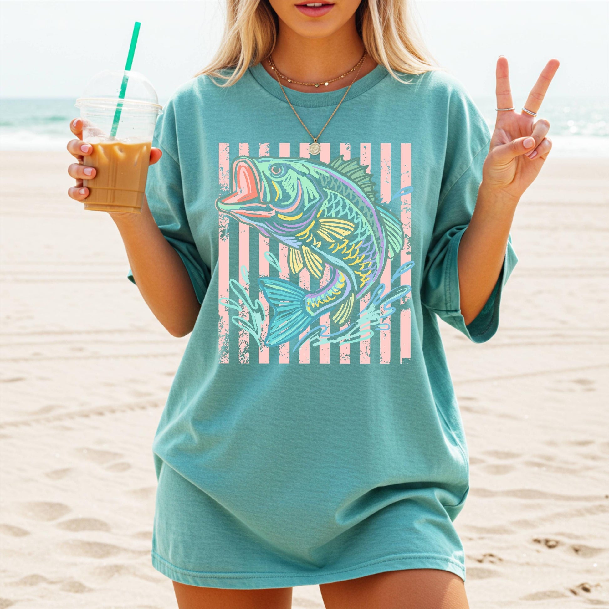 Retro Bass Fish Comfort Colors T-Shirt, Pastel Fishing Tee, Preppy Coastal Lake Shirt