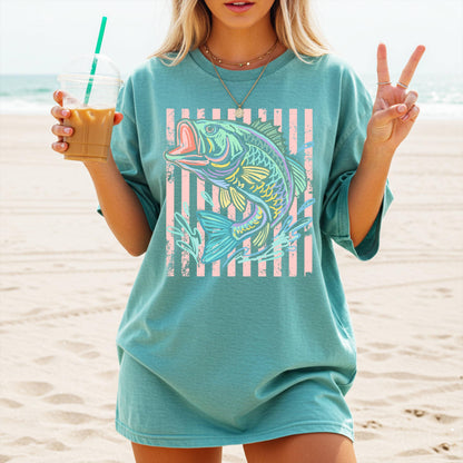 Retro Bass Fish Comfort Colors T-Shirt, Pastel Fishing Tee, Preppy Coastal Lake Shirt