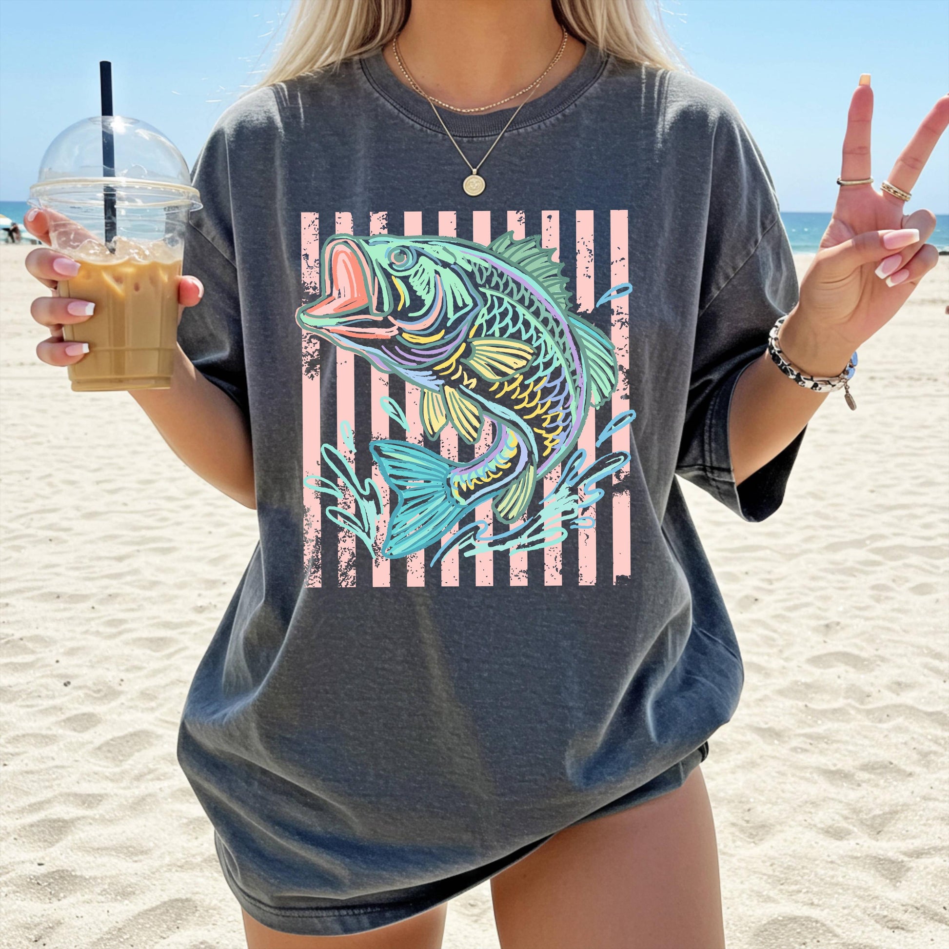 Retro Bass Fish Comfort Colors T-Shirt, Pastel Fishing Tee, Preppy Coastal Lake Shirt