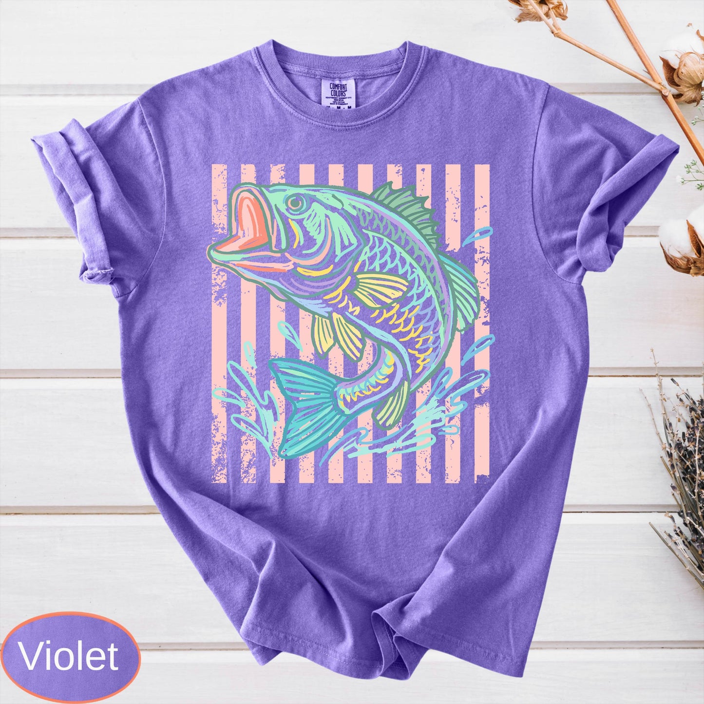 Retro Bass Fish Comfort Colors T-Shirt, Pastel Fishing Tee, Preppy Coastal Lake Shirt