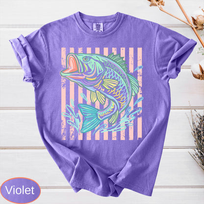 Retro Bass Fish Comfort Colors T-Shirt, Pastel Fishing Tee, Preppy Coastal Lake Shirt