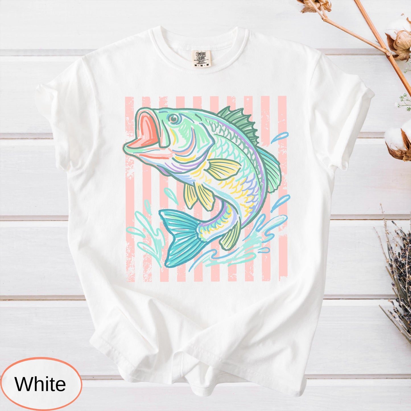 Retro Bass Fish Comfort Colors T-Shirt, Pastel Fishing Tee, Preppy Coastal Lake Shirt