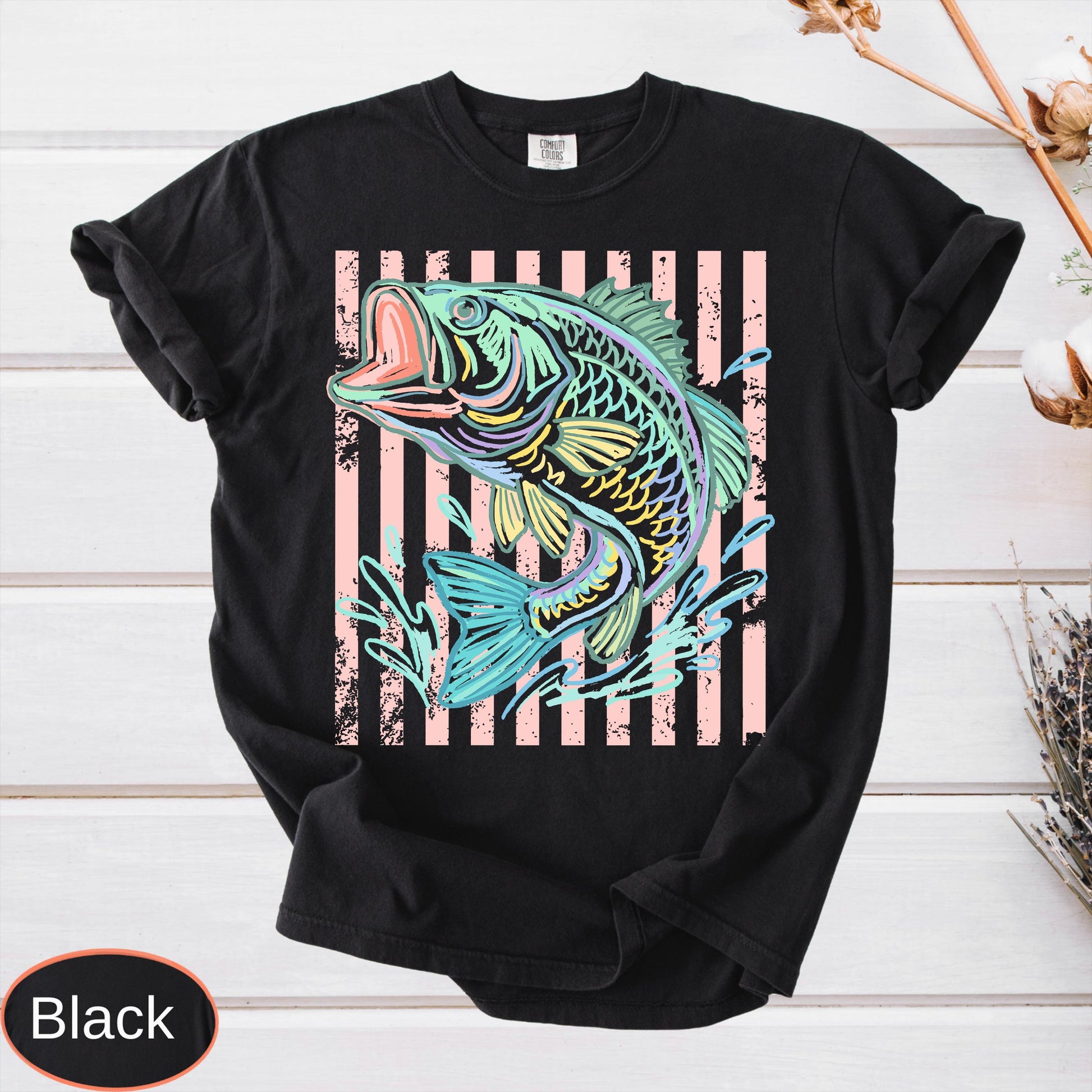 Retro Bass Fish Comfort Colors T-Shirt, Pastel Fishing Tee, Preppy Coastal Lake Shirt