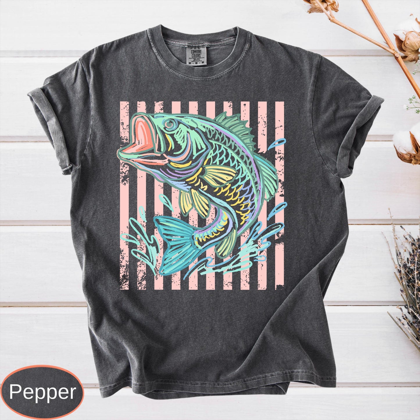 Retro Bass Fish Comfort Colors T-Shirt, Pastel Fishing Tee, Preppy Coastal Lake Shirt