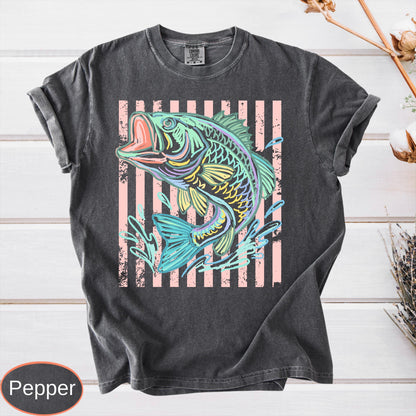 Retro Bass Fish Comfort Colors T-Shirt, Pastel Fishing Tee, Preppy Coastal Lake Shirt