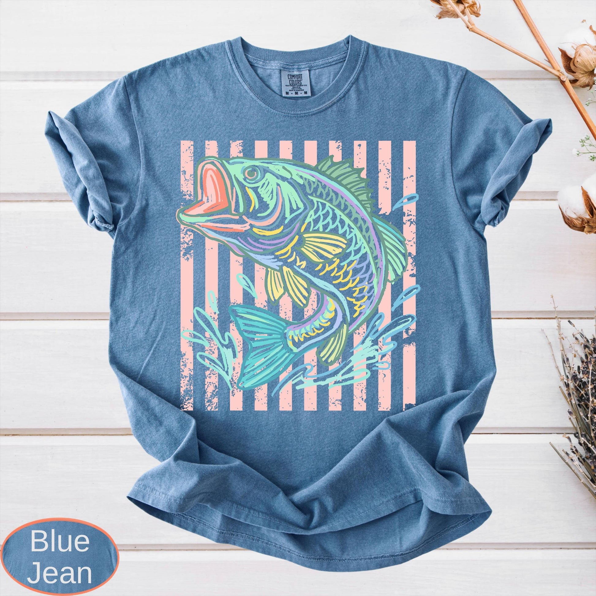 Retro Bass Fish Comfort Colors T-Shirt, Pastel Fishing Tee, Preppy Coastal Lake Shirt