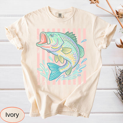 Retro Bass Fish Comfort Colors T-Shirt, Pastel Fishing Tee, Preppy Coastal Lake Shirt