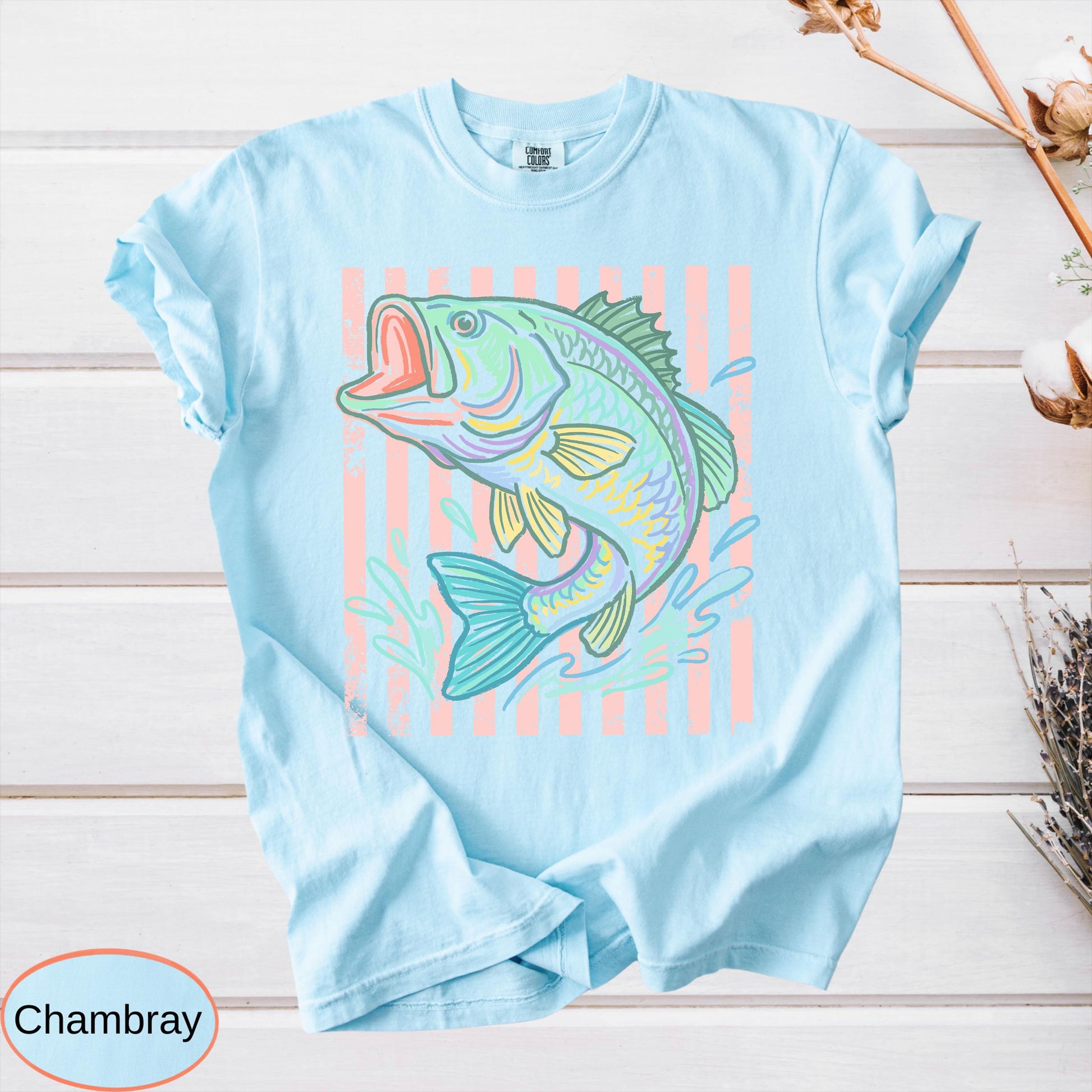 Retro Bass Fish Comfort Colors T-Shirt, Pastel Fishing Tee, Preppy Coastal Lake Shirt