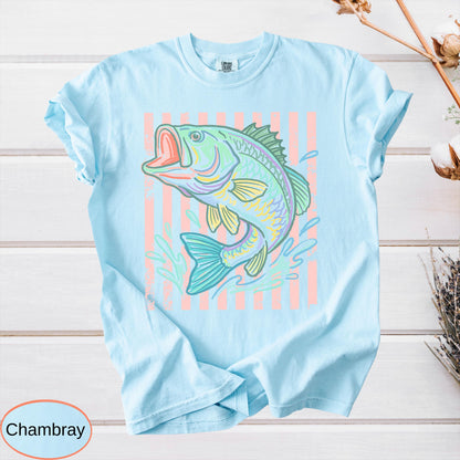 Retro Bass Fish Comfort Colors T-Shirt, Pastel Fishing Tee, Preppy Coastal Lake Shirt