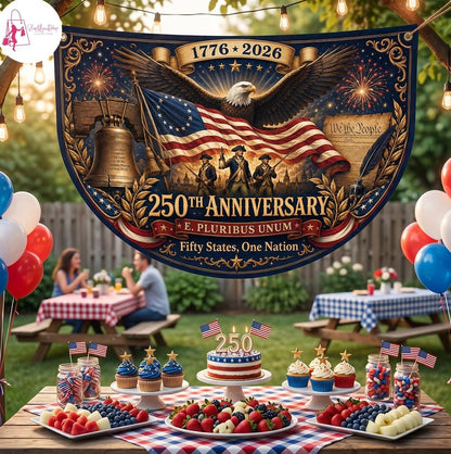 USA 250th Anniversary Semi Circular Flag, Eagle Liberty Bell We The People 1776-2026 Patriotic Bunting, 4th of July Decor