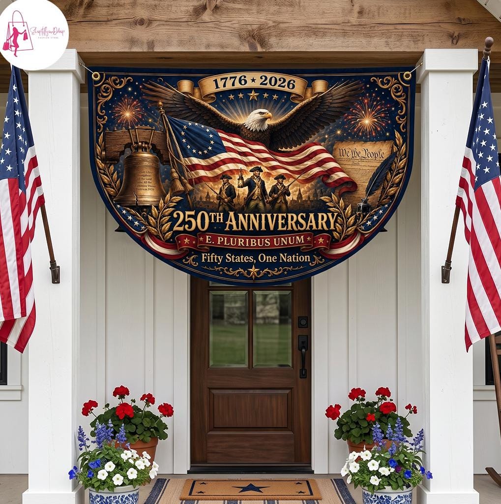 USA 250th Anniversary Semi Circular Flag, Eagle Liberty Bell We The People 1776-2026 Patriotic Bunting, 4th of July Decor