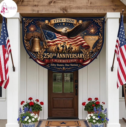 USA 250th Anniversary Semi Circular Flag, Eagle Liberty Bell We The People 1776-2026 Patriotic Bunting, 4th of July Decor