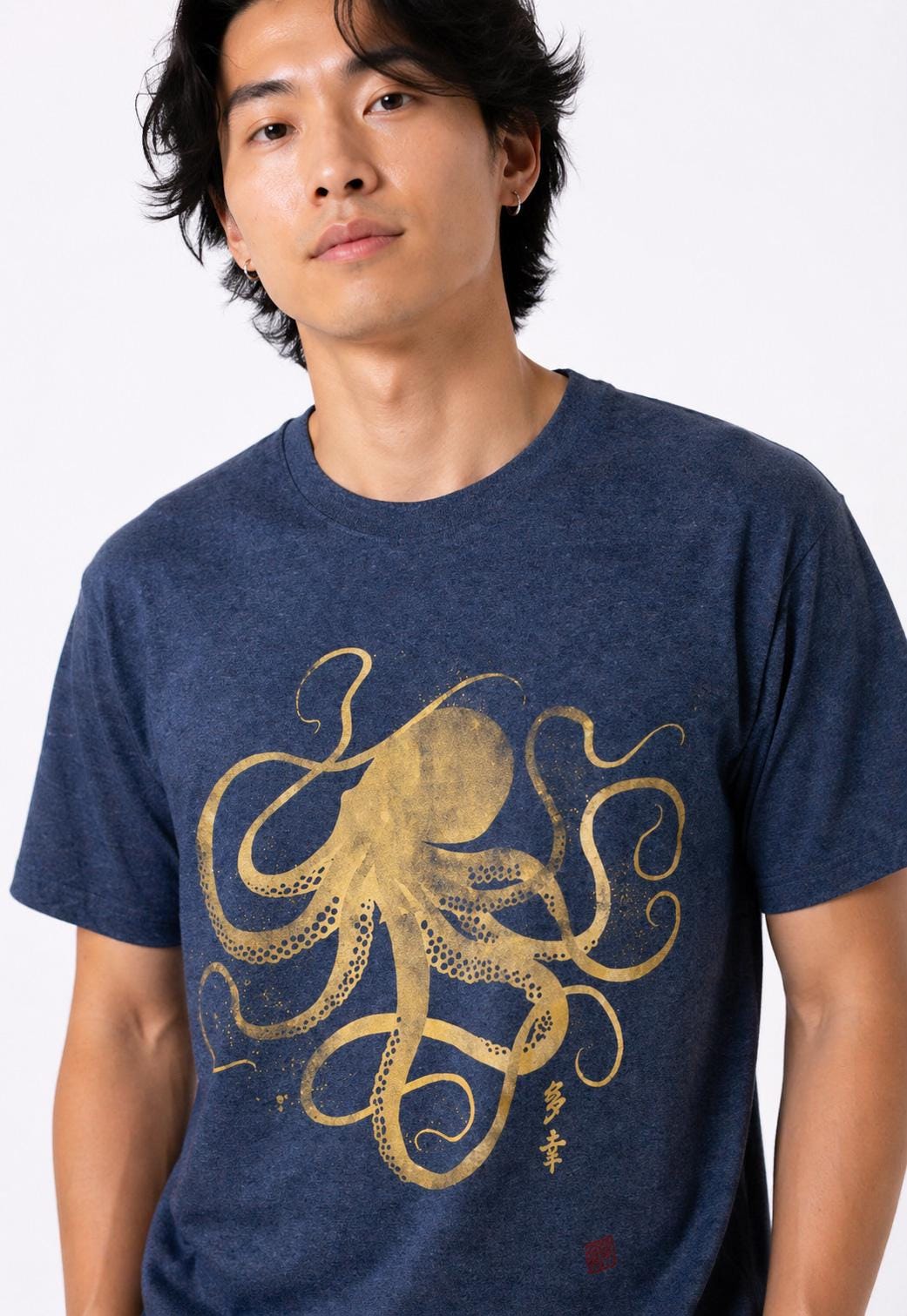 Octopus Japanese Calligraphy T Shirt Gyotaku Traditional Art Japan Anime Manga Gold Print Yoga Martial Arts Samurai Mens Womens Printed Tee