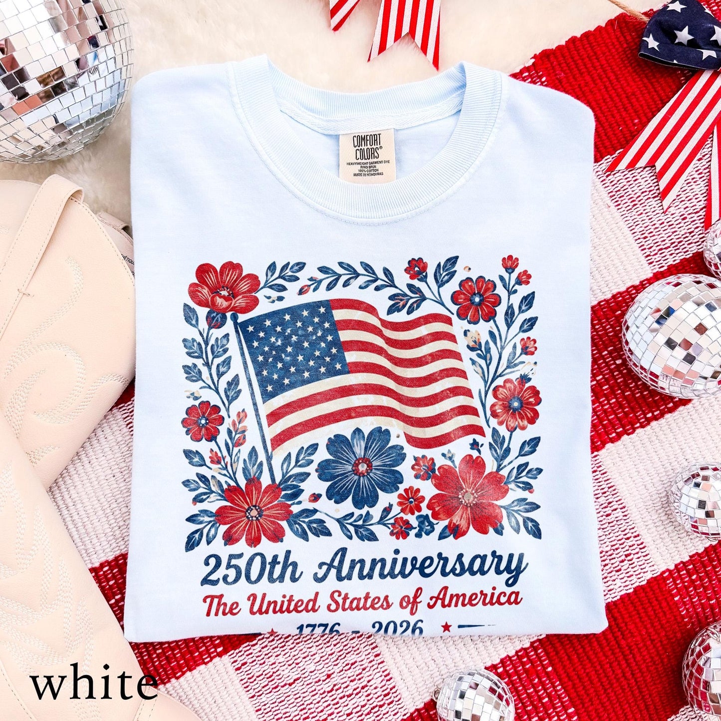 4th July 250th Year Floral USA Flag Shirt, America Anniversary Patriotic Flower Tee, Freedom Top, Comfort Colors® USA Gift Tee