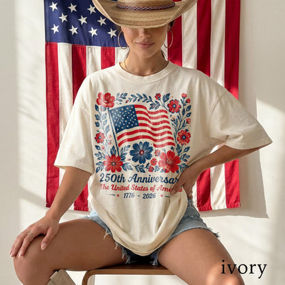 4th July 250th Year Floral USA Flag Shirt, America Anniversary Patriotic Flower Tee, Freedom Top, Comfort Colors® USA Gift Tee