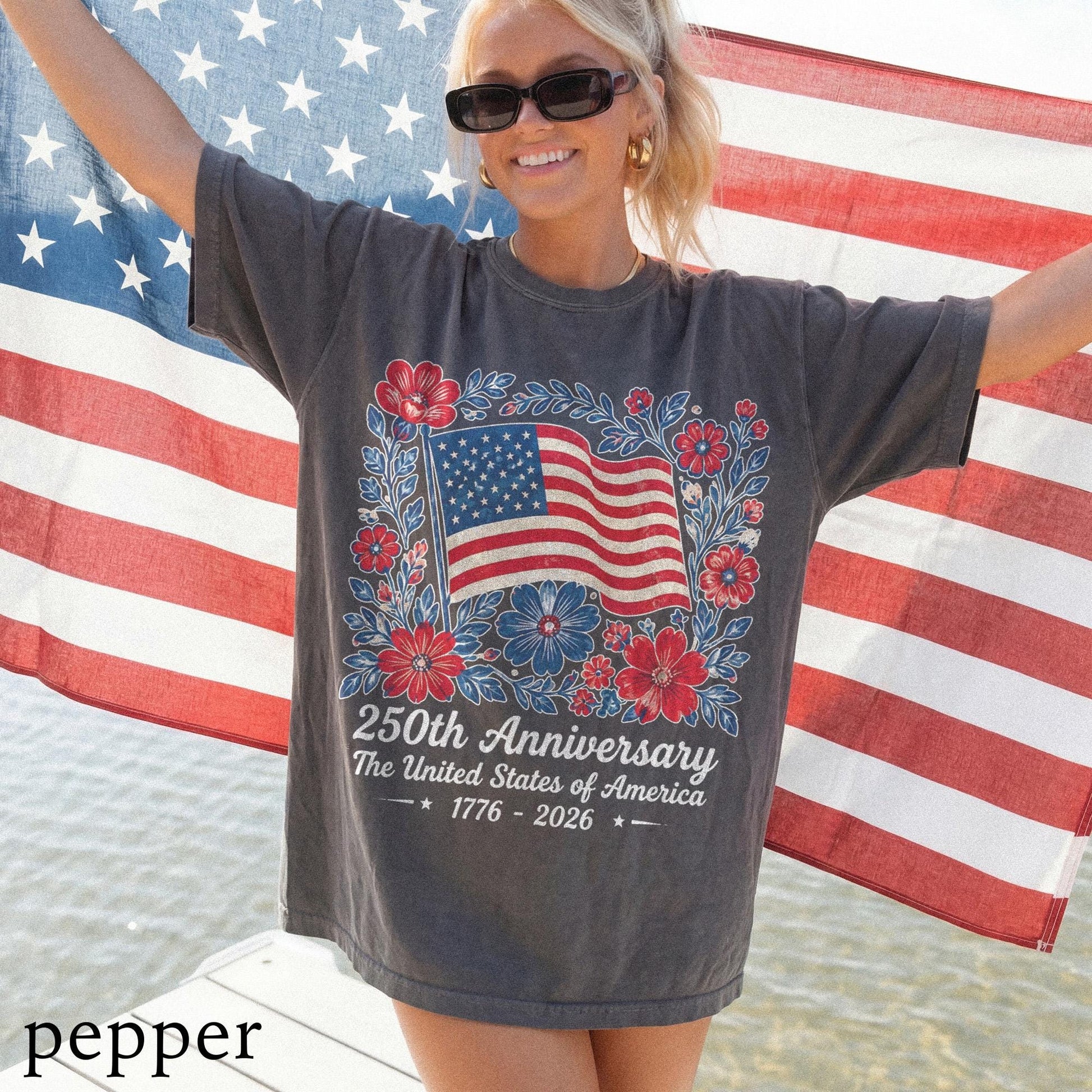 4th July 250th Year Floral USA Flag Shirt, America Anniversary Patriotic Flower Tee, Freedom Top, Comfort Colors® USA Gift Tee