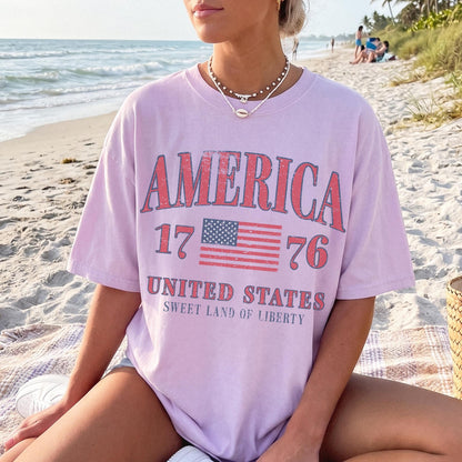 Retro America 4th Of July Shirt Preppy Fourth of July Tshirt Trendy Oversized USA Tee Aesthetic Patriotic Shirt Comfort Colors Cute Summer