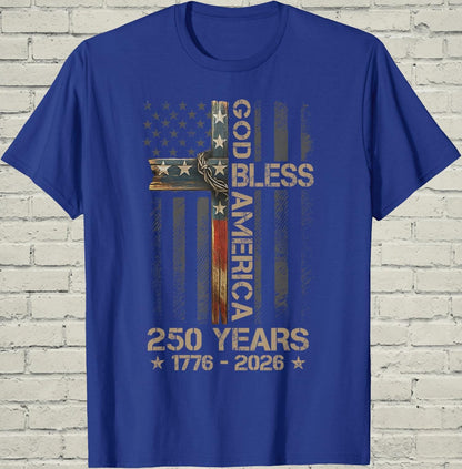 Christian Cross T-Shirt, Patriotic America Flag Shirt, 1776 250th Anniversary Apparel, Religious Faith Gift for Dad, Freedom USA Graphic Tee
