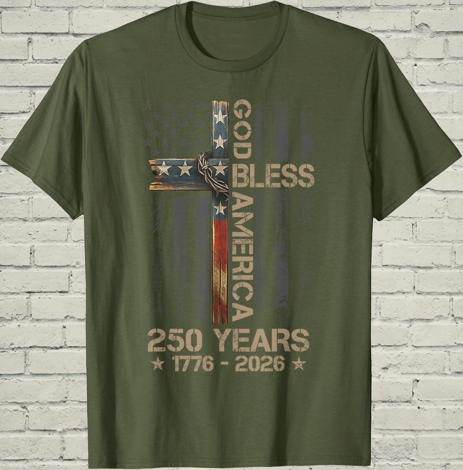 Christian Cross T-Shirt, Patriotic America Flag Shirt, 1776 250th Anniversary Apparel, Religious Faith Gift for Dad, Freedom USA Graphic Tee