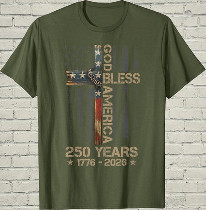 Christian Cross T-Shirt, Patriotic America Flag Shirt, 1776 250th Anniversary Apparel, Religious Faith Gift for Dad, Freedom USA Graphic Tee