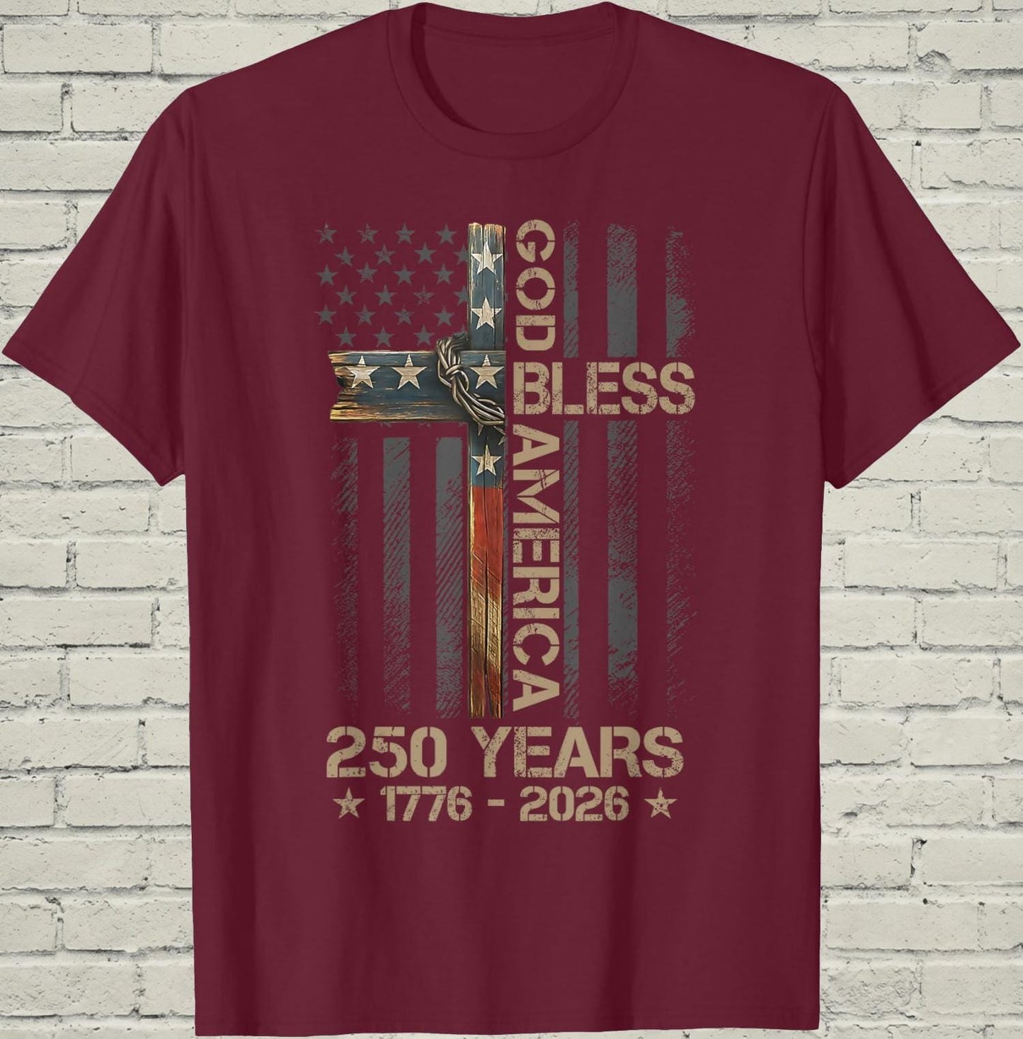 Christian Cross T-Shirt, Patriotic America Flag Shirt, 1776 250th Anniversary Apparel, Religious Faith Gift for Dad, Freedom USA Graphic Tee