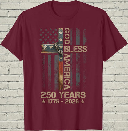 Christian Cross T-Shirt, Patriotic America Flag Shirt, 1776 250th Anniversary Apparel, Religious Faith Gift for Dad, Freedom USA Graphic Tee