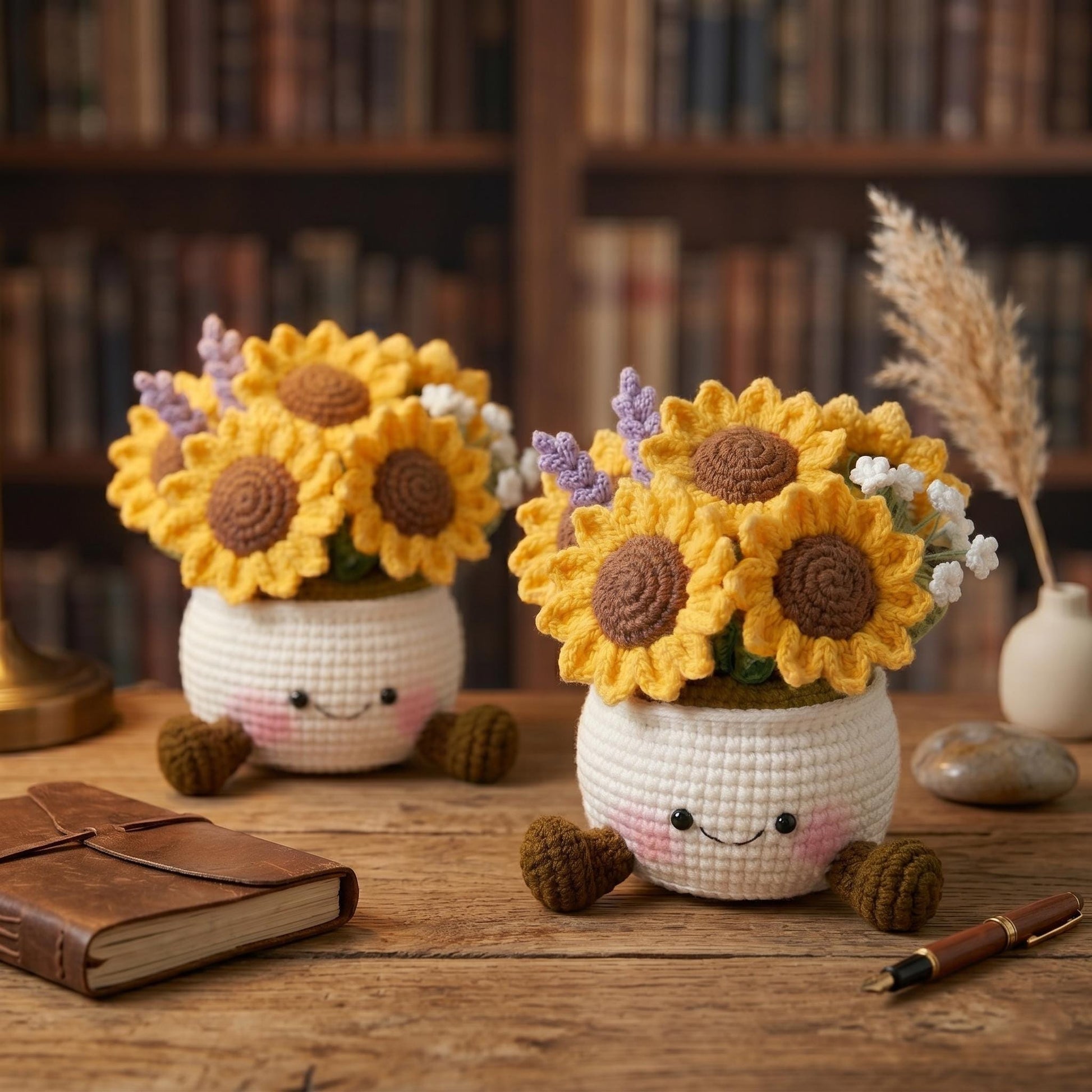 Crochet Smiling Sunflower Pot, Handmade Crochet Sunflower, Cute Desk - Home Decor, Gift for Mom & Girlfriend, Kawaii Flower Gift