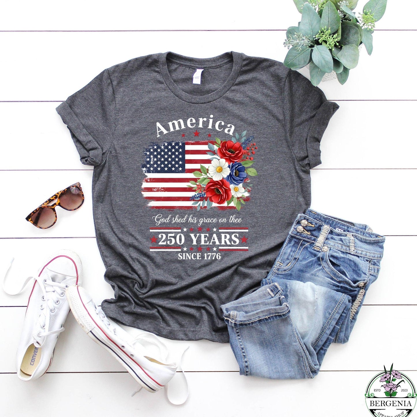 America 250 Years Flag Floral Graphic Shirt, 4th of July Patriotism Gift USA-Cottagecore, Celebrate 250th Anniversary Patriot Gifted Tee