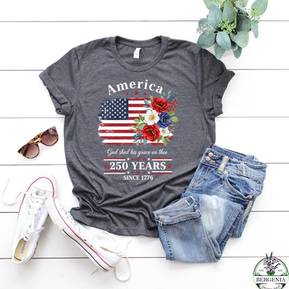 America 250 Years Flag Floral Graphic Shirt, 4th of July Patriotism Gift USA-Cottagecore, Celebrate 250th Anniversary Patriot Gifted Tee
