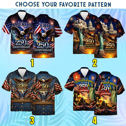 250th Anniversary of America Hawaiian Shirt, Patriotic Eagle Print, 1776-2026 Freedom Style, Independence Day Shirt Gifts for Father's Day