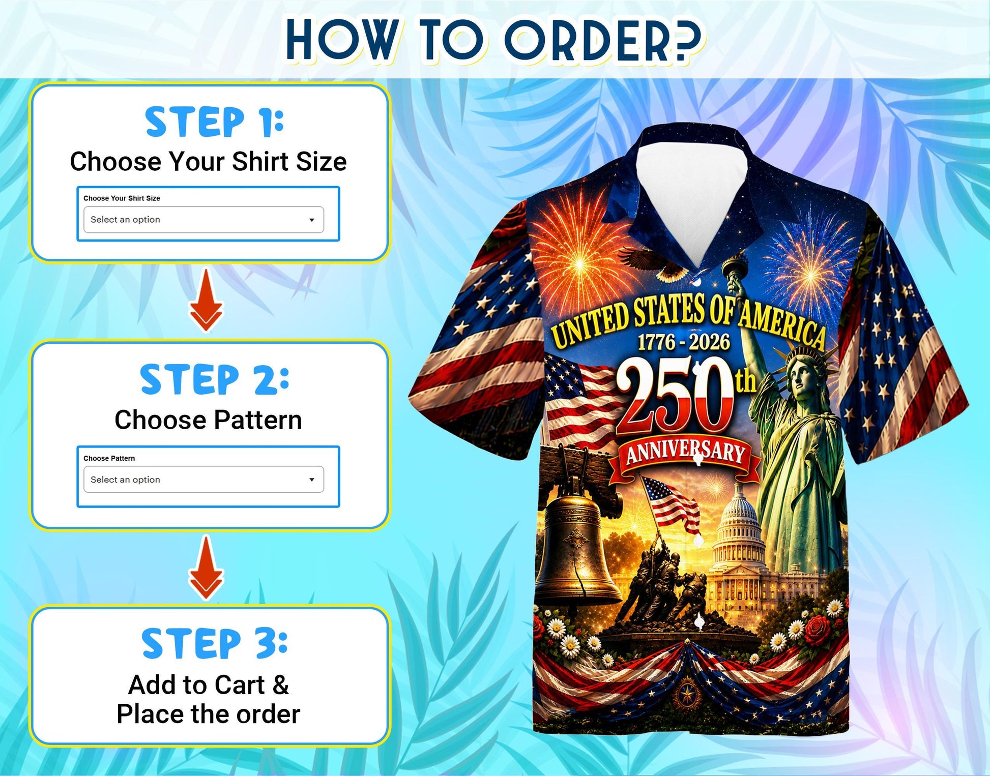 250th Anniversary of America Hawaiian Shirt, Patriotic Eagle Print, 1776-2026 Freedom Style, Independence Day Shirt Gifts for Father's Day