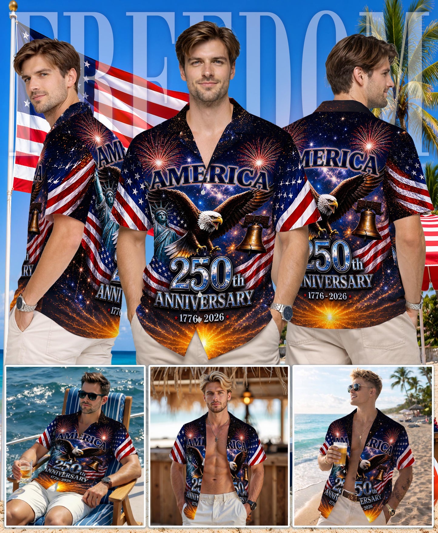 250th Anniversary of America Hawaiian Shirt, Patriotic Eagle Print, 1776-2026 Freedom Style, Independence Day Shirt Gifts for Father's Day
