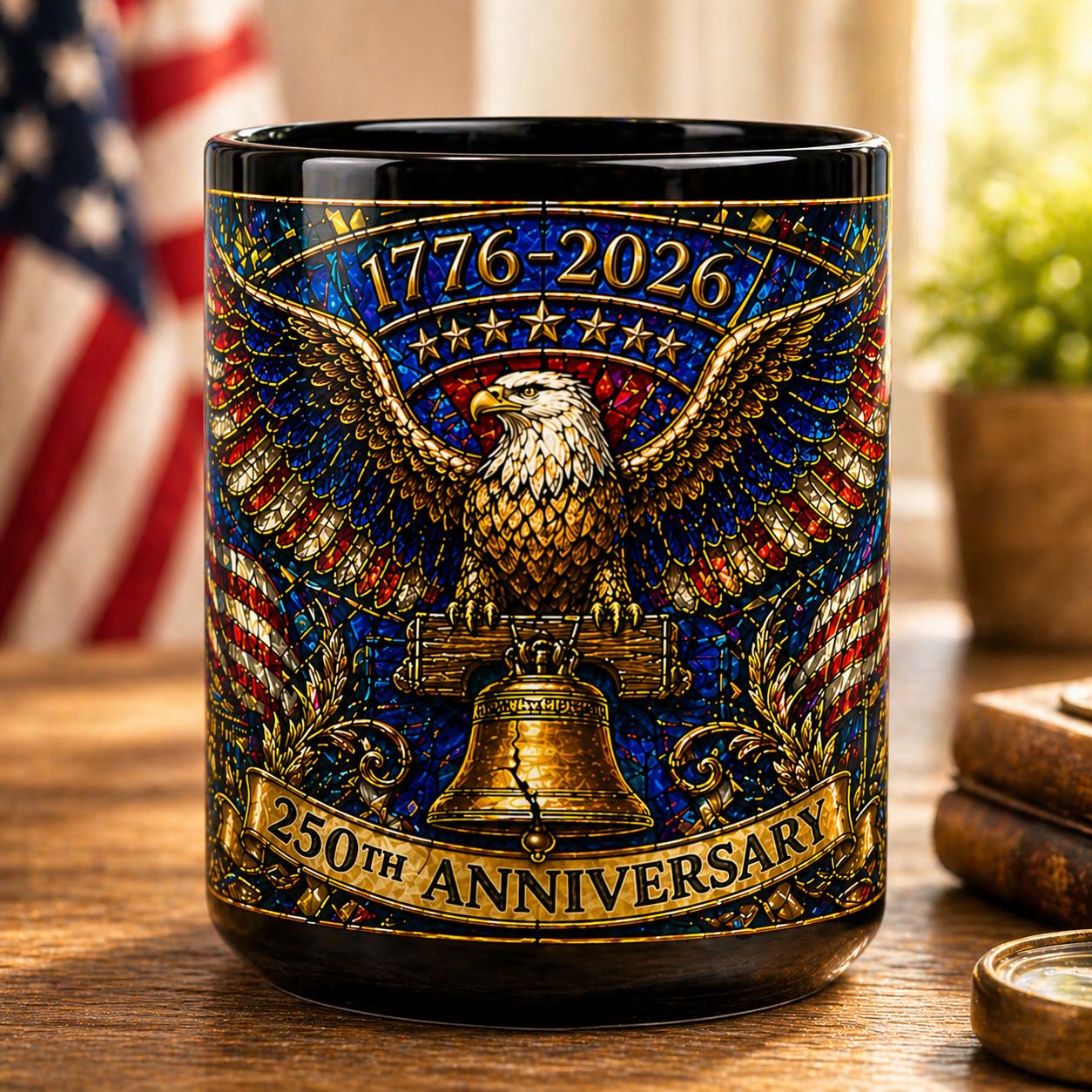 1776-2026 America 250th Anniversary Mug, We The People Patriotic Mug, USA Coffee Cup, Black Dad Gift, Stained Glass Effect 15oz Mug