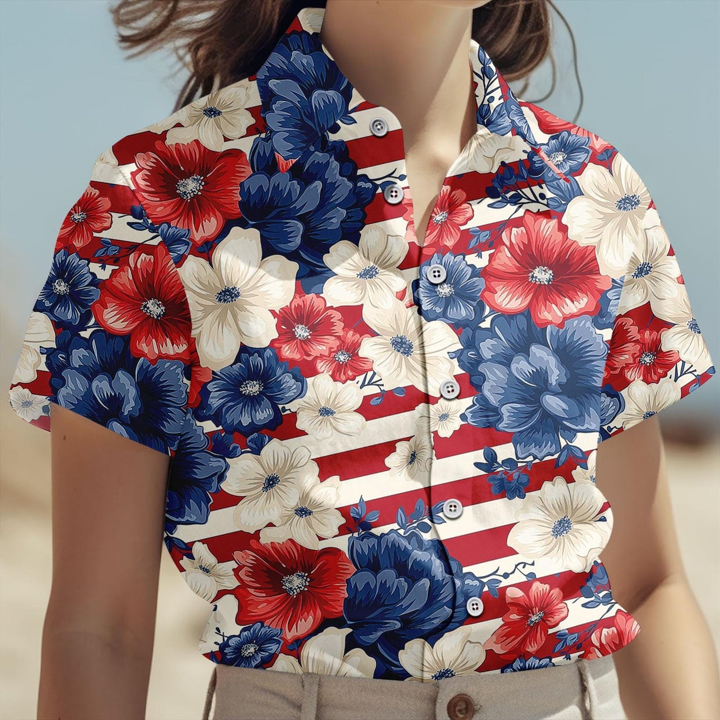Patriotic US Flag Floral Hawaiian Shirt, American Fourth of July Beach Shirt, USA Aloha Button Shirt, Summer Beach Party Gift for Him