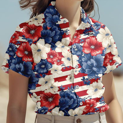 Patriotic US Flag Floral Hawaiian Shirt, American Fourth of July Beach Shirt, USA Aloha Button Shirt, Summer Beach Party Gift for Him