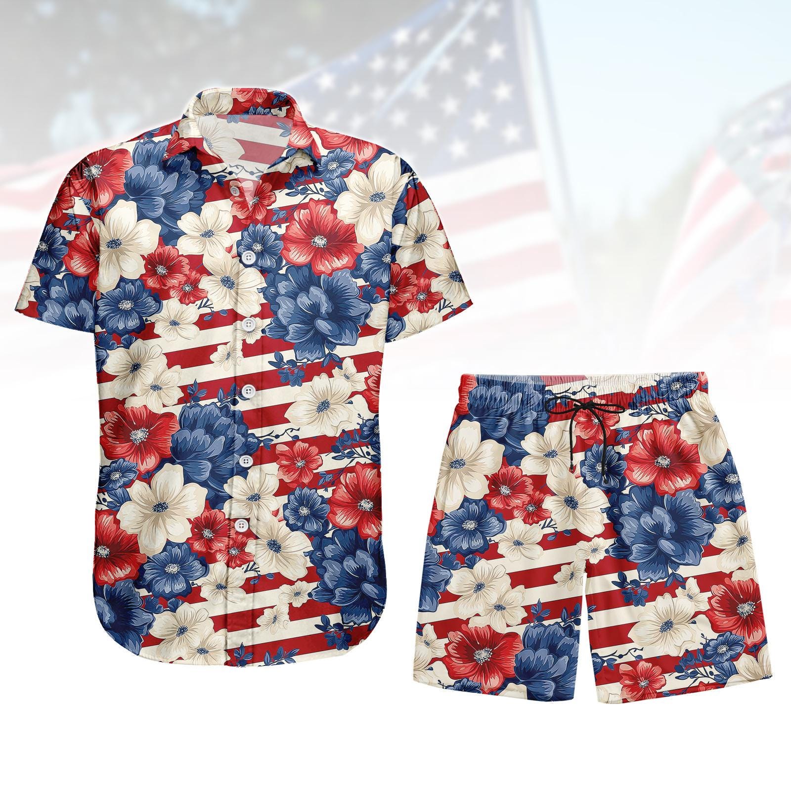 Patriotic US Flag Floral Hawaiian Shirt, American Fourth of July Beach Shirt, USA Aloha Button Shirt, Summer Beach Party Gift for Him