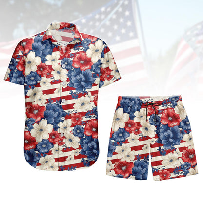 Patriotic US Flag Floral Hawaiian Shirt, American Fourth of July Beach Shirt, USA Aloha Button Shirt, Summer Beach Party Gift for Him