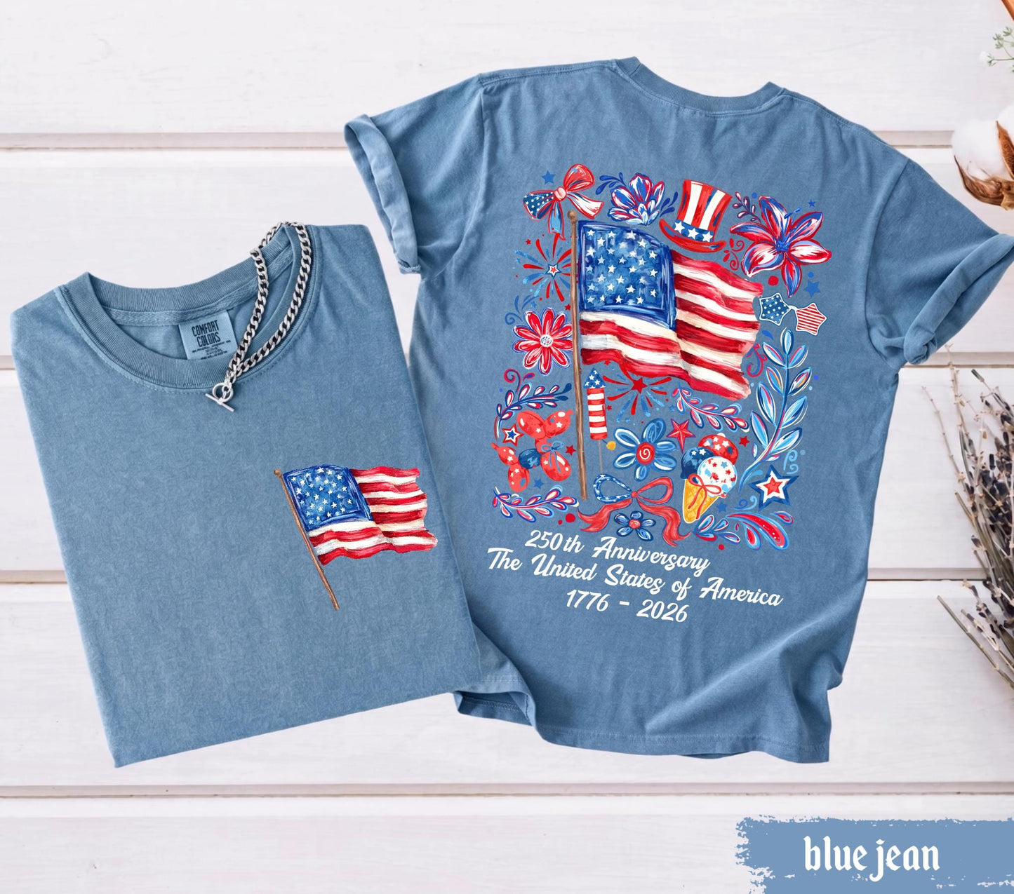 Comfort Colors® USA 250th Anniversary Shirt 4th Of July Back Graphic Tee Independence Day Gif Floral American Flag T-shirt