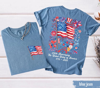 Comfort Colors® USA 250th Anniversary Shirt 4th Of July Back Graphic Tee Independence Day Gif Floral American Flag T-shirt