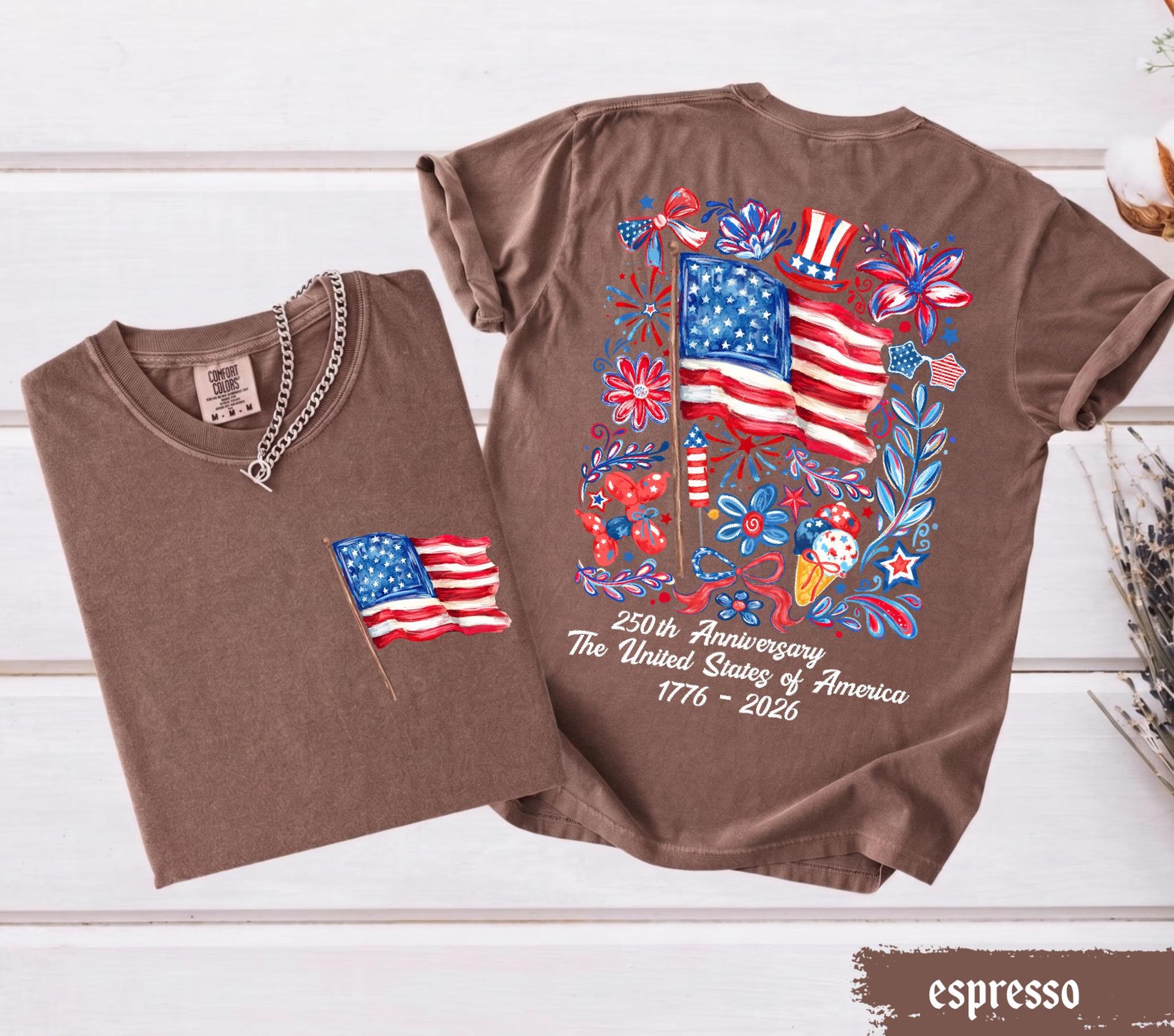 Comfort Colors® USA 250th Anniversary Shirt 4th Of July Back Graphic Tee Independence Day Gif Floral American Flag T-shirt