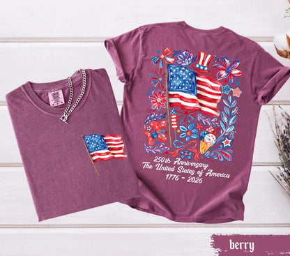Comfort Colors® USA 250th Anniversary Shirt 4th Of July Back Graphic Tee Independence Day Gif Floral American Flag T-shirt