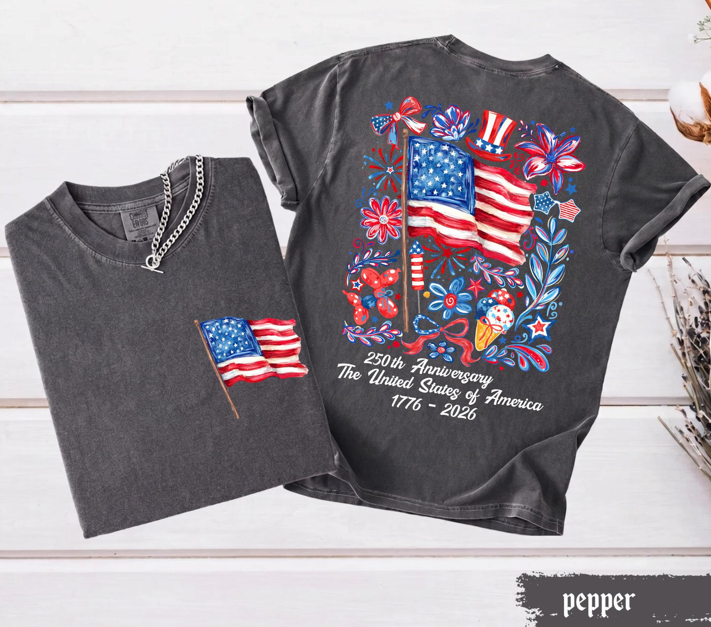 Comfort Colors® USA 250th Anniversary Shirt 4th Of July Back Graphic Tee Independence Day Gif Floral American Flag T-shirt