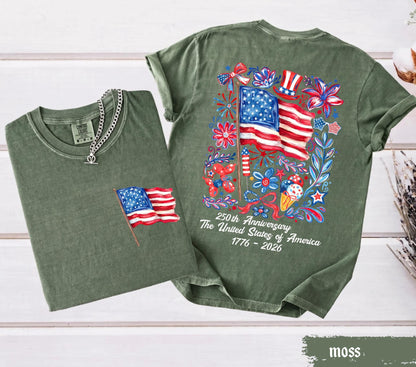 Comfort Colors® USA 250th Anniversary Shirt 4th Of July Back Graphic Tee Independence Day Gif Floral American Flag T-shirt