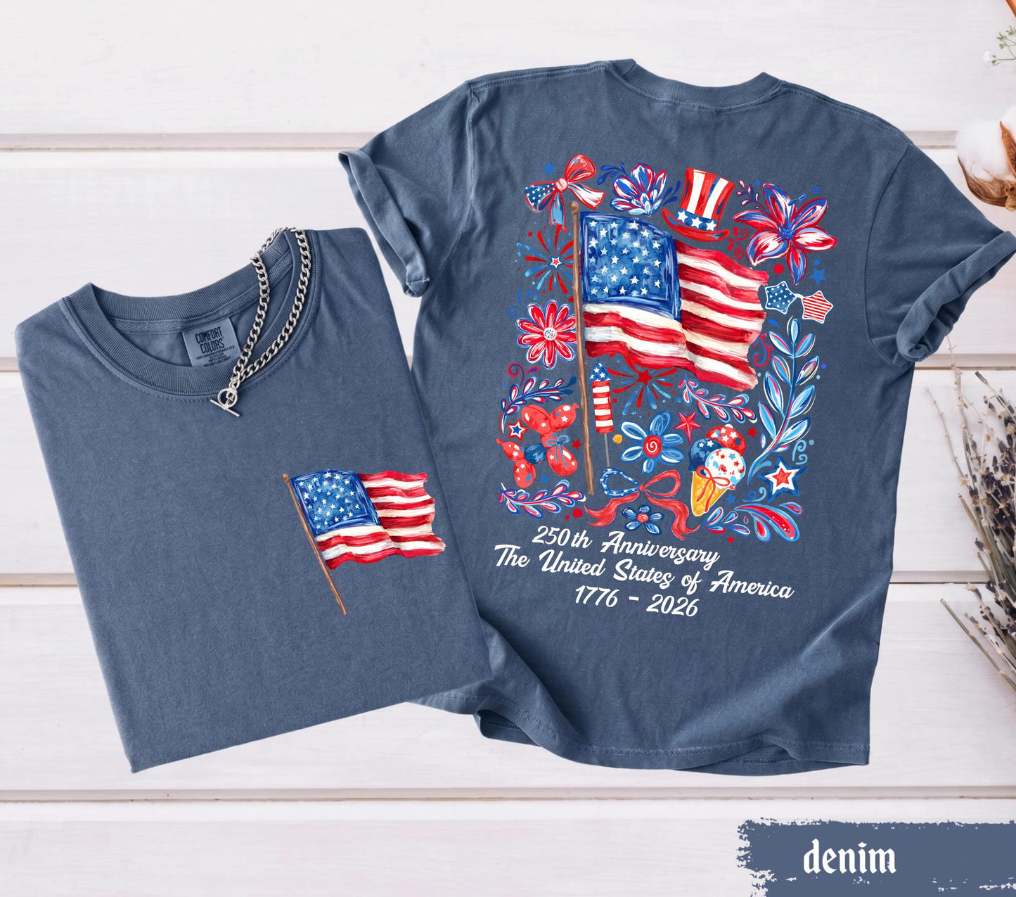 Comfort Colors® USA 250th Anniversary Shirt 4th Of July Back Graphic Tee Independence Day Gif Floral American Flag T-shirt