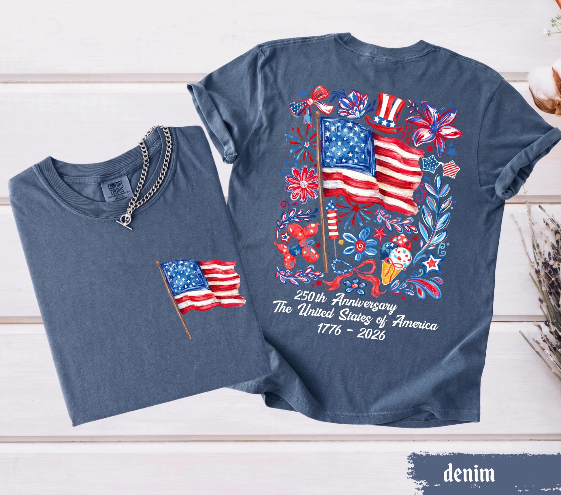 Comfort Colors® USA 250th Anniversary Shirt 4th Of July Back Graphic Tee Independence Day Gif Floral American Flag T-shirt