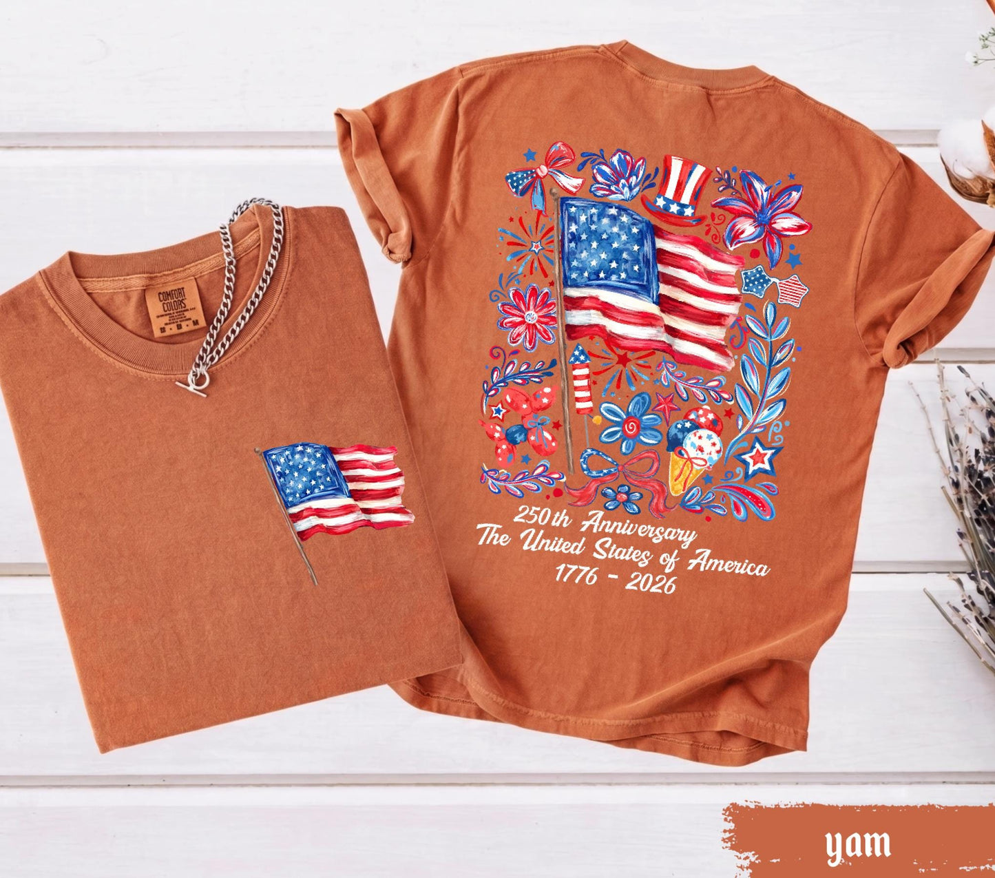 Comfort Colors® USA 250th Anniversary Shirt 4th Of July Back Graphic Tee Independence Day Gif Floral American Flag T-shirt