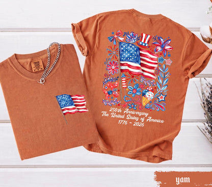 Comfort Colors® USA 250th Anniversary Shirt 4th Of July Back Graphic Tee Independence Day Gif Floral American Flag T-shirt