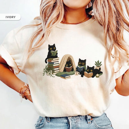Black Cat Reading Shirt, Book Lover Cat Tee, Cozy Reader Gift For Her, Cat Mom Shirt, Librarian Teacher Bookish Gift