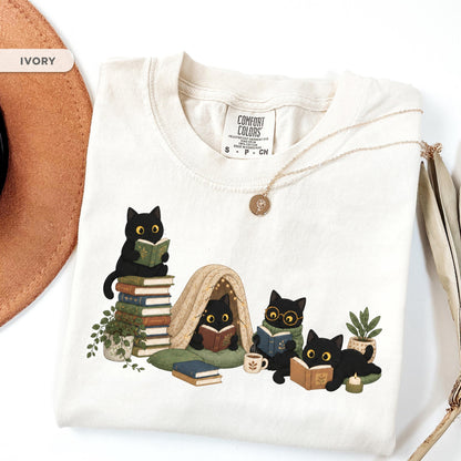 Black Cat Reading Shirt, Book Lover Cat Tee, Cozy Reader Gift For Her, Cat Mom Shirt, Librarian Teacher Bookish Gift